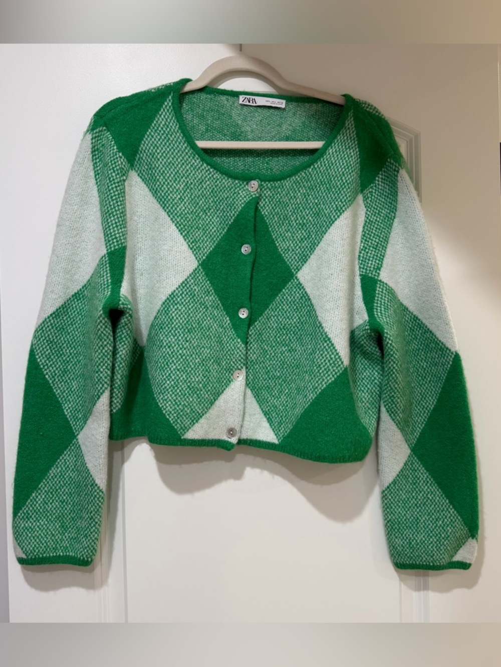 Zara Green and White Argyle Cropped Button Cardigan